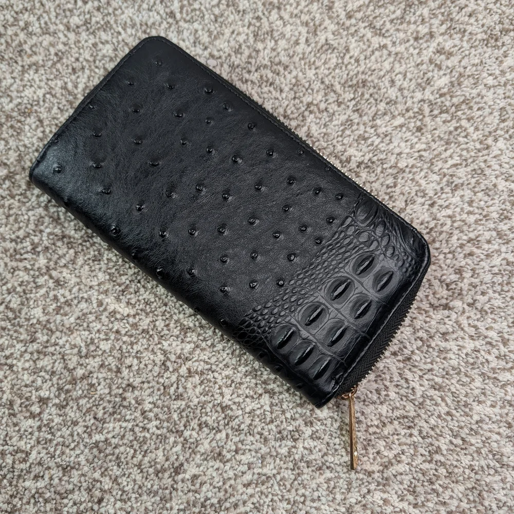 Black Faux Leather Zip Around Wallet Ostrich Croc Embossed Moto Edgy Biker Chic